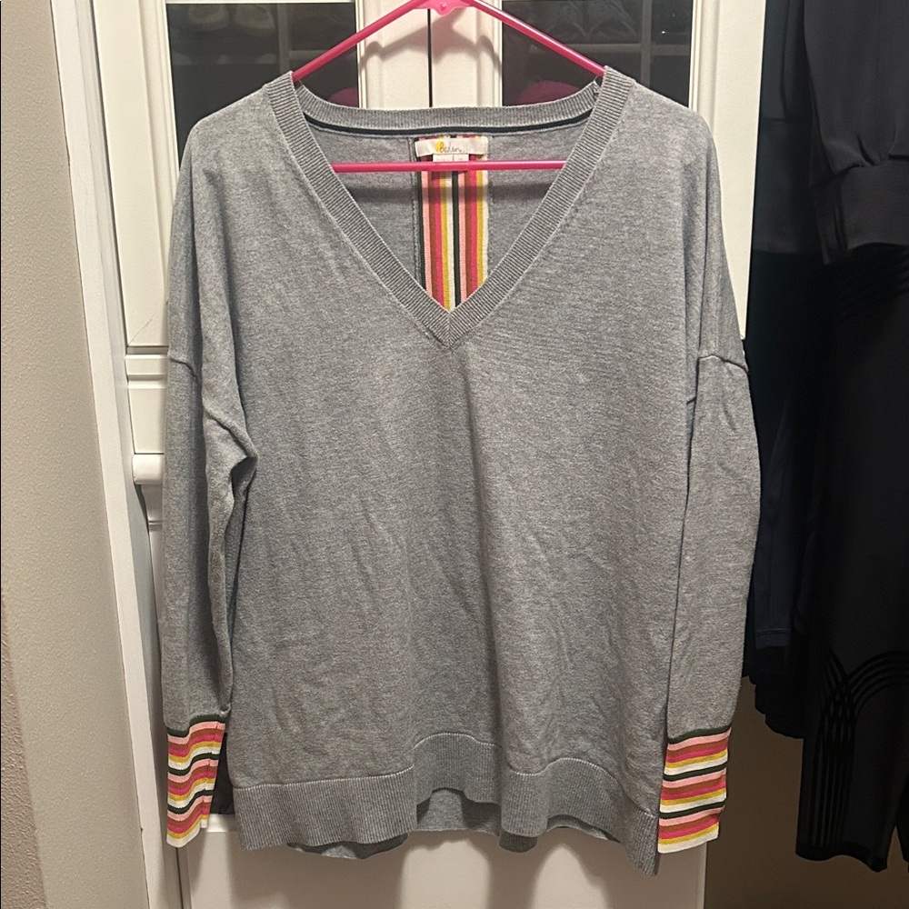 Boden Gray V-Neck Sweater with Colorful Stripes